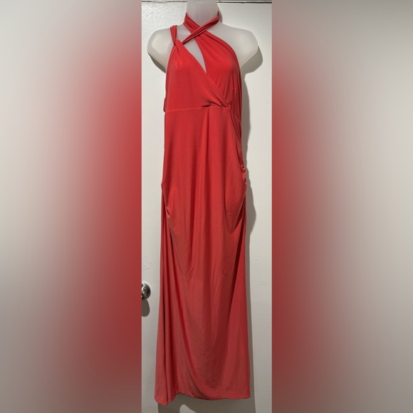 Club L London Alba Coral Maternity Halter Asymmetric Maxi Dress (Size 10) - Picture 2 of 5